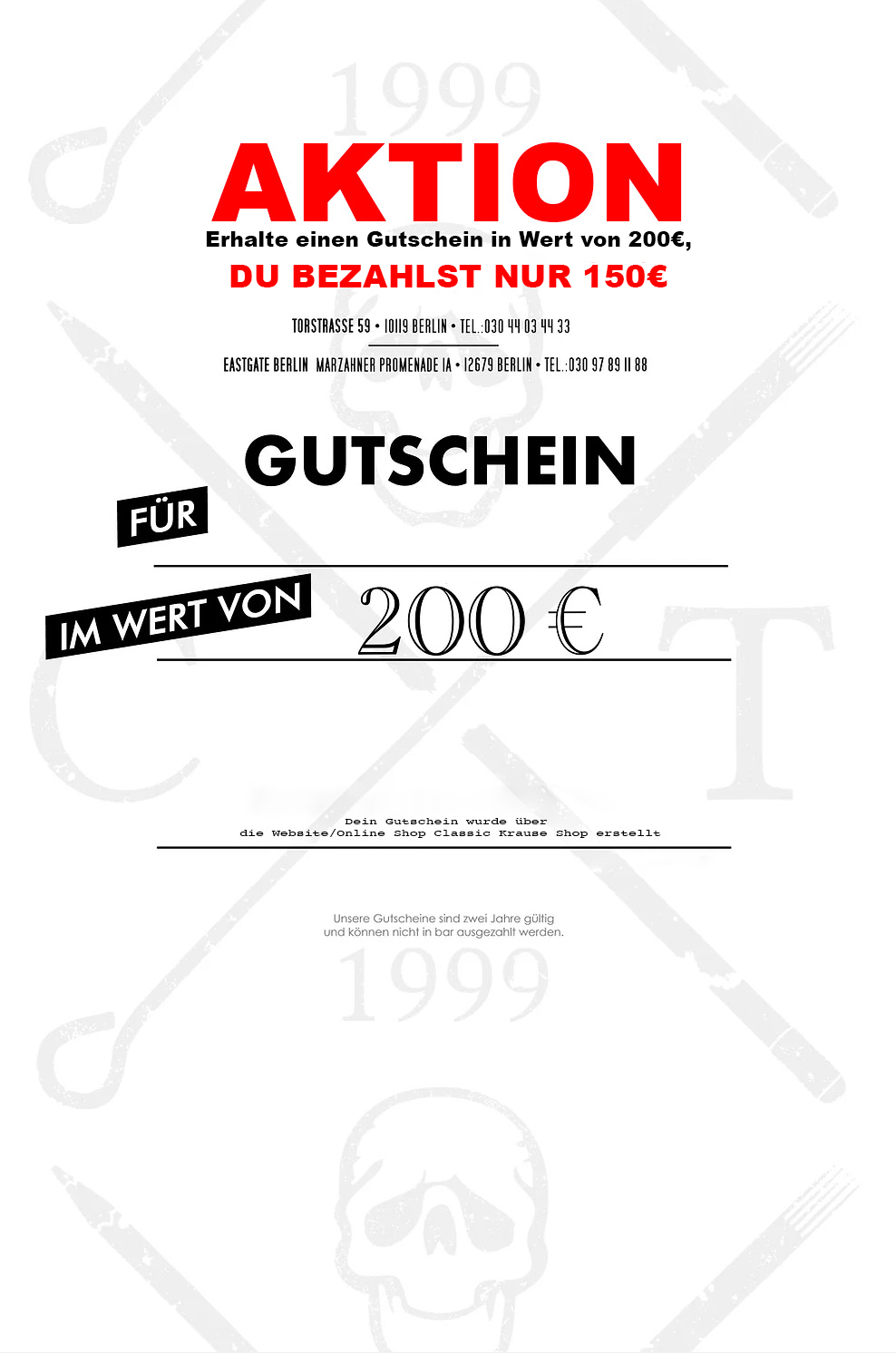 Tattoo Gutschein - Classic-Krause-Shop: Aktion 200€ Gutschein bestellen / DU BEZAHLST  NUR 150€